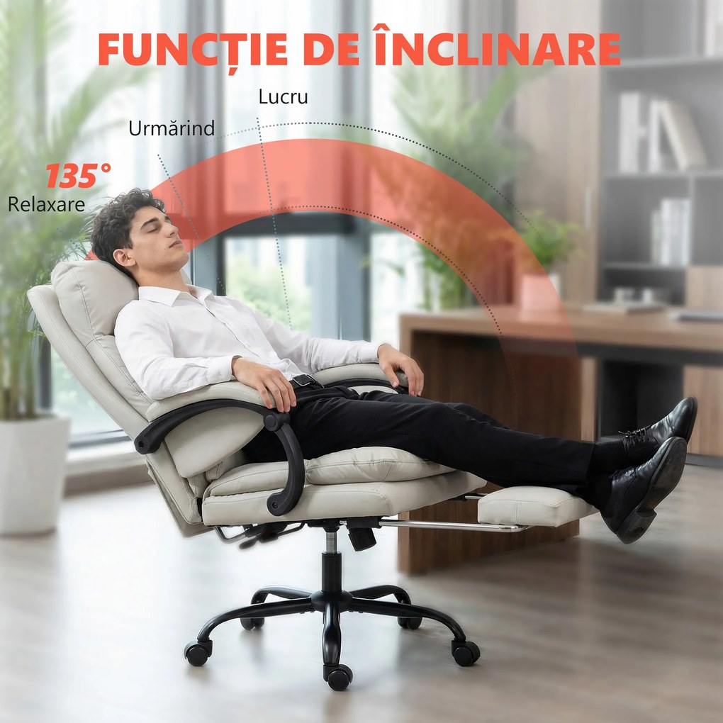 HOMCOM Scaun de Birou cu Masaj la 6 Puncte și Funcție de Încălzire, Reglabil 135° din Piele PU cu Suport pentru Picioare, Brațe Tapițate, Înălțime Reglabilă, Spătar Înalt, Gri Deschis | Aosom Romania