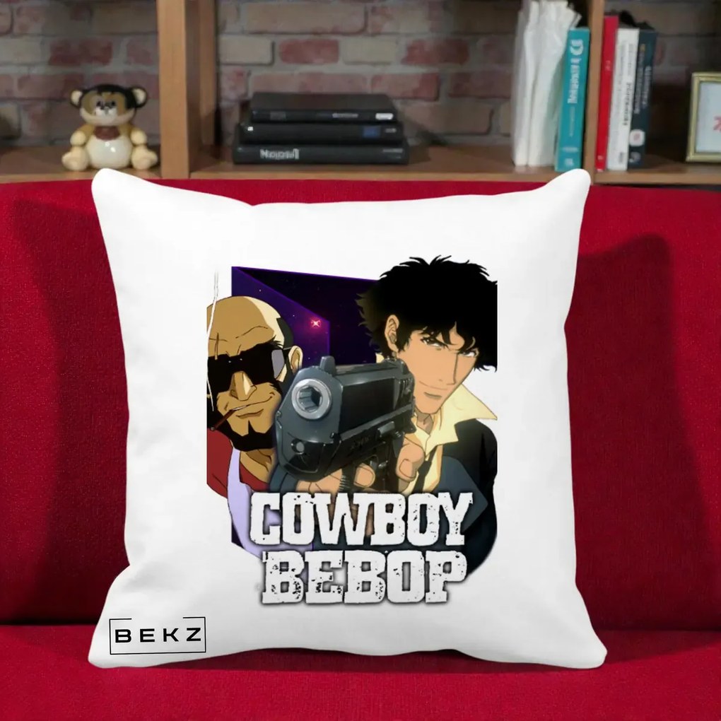 Perna Personalizata Cowboy Bebop Spike si Jet Poster, 40x40 cm, Alba Mata, Husa Detasabila, Perna Inclusa, BEKZ®