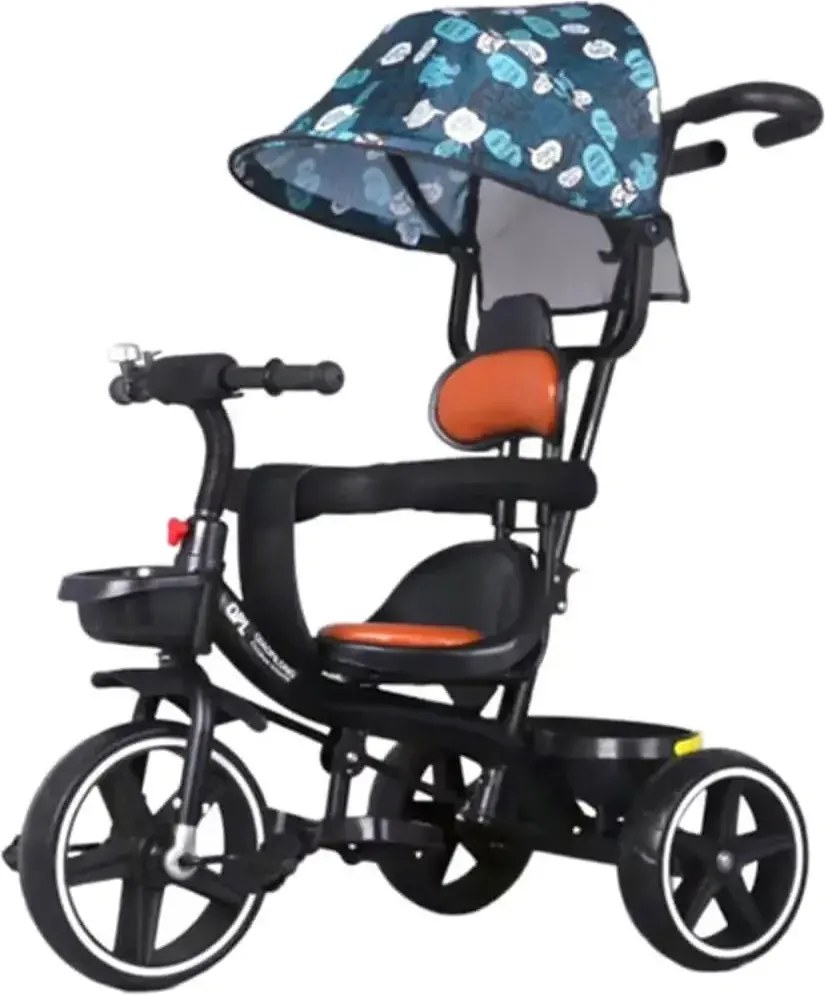 Tricicleta cu pedale si maner parental pentru copii 2-6 ani, NBW, copertina retractabila, Albastru