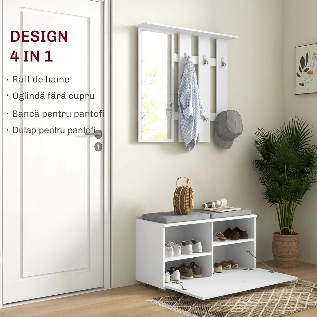 HOMCOM Set de Depozitare pentru Hol 4-în-1, Cuiere, Oglindă, Bancă pentru Încălțăminte cu Scaun, 85x35x49 cm, Alb | Aosom Romania