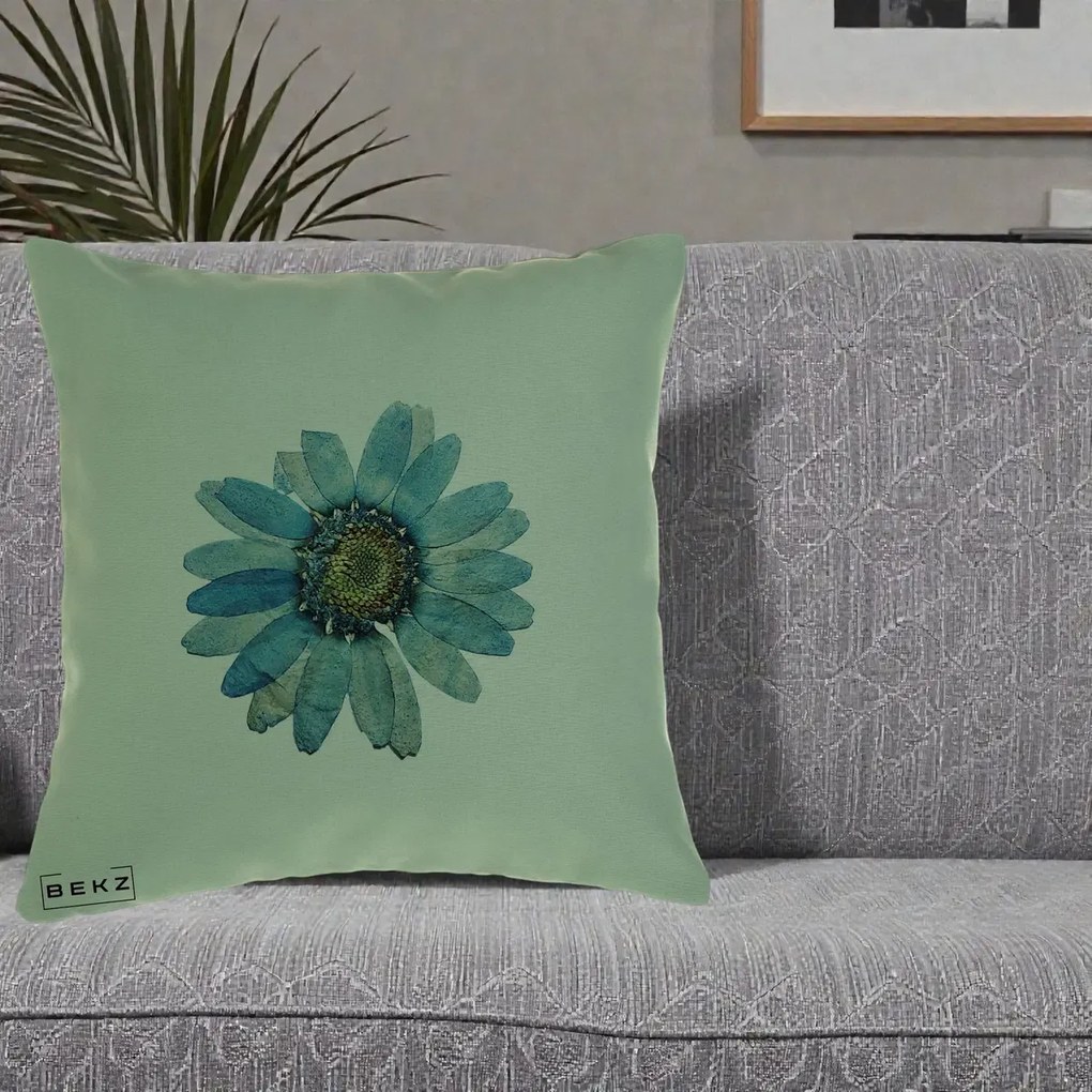 Perna Decorativa Floare Margareta Albastra Acuarela, 40x40 cm, Verde, Husa Detasabila, Perna Inclusa, BEKZ®