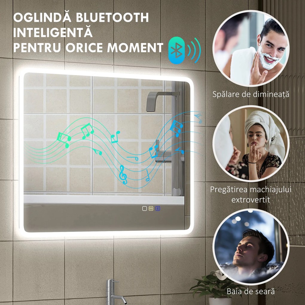 HOMCOM Oglindă de baie LED bluetooth 70 x 90 cm interruptor tactil lumină reglabilă 3 culori anti-abur memorie argintiu | Aosom Romania