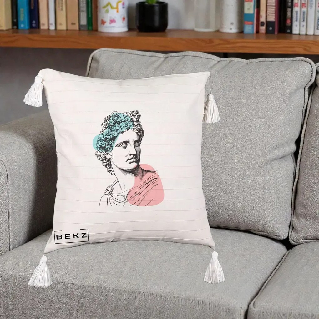 Perna Decorativa Bust Grec Vaporwave, 40x40 cm, Bej cu Franjuri, Husa Detasabila, Perna Inclusa, BEKZ®