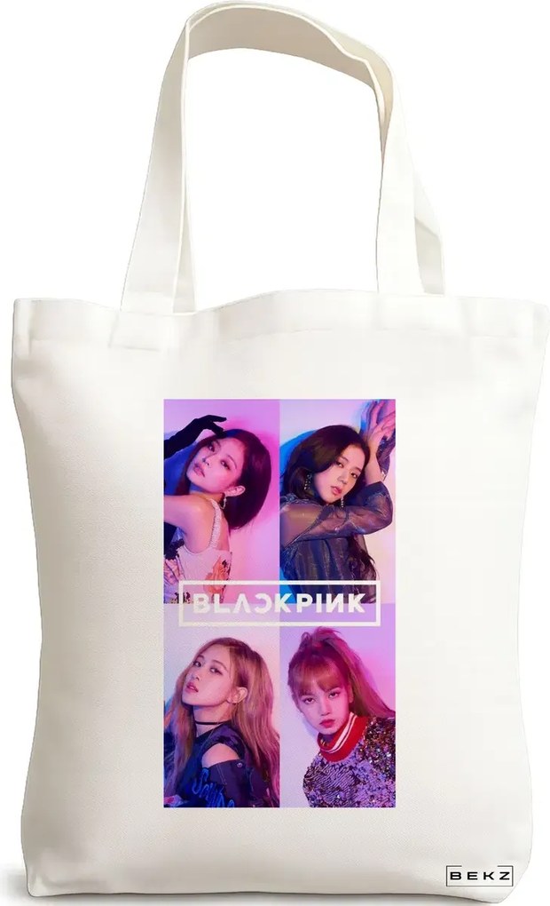 Sacosa de Panza pentru Cumparaturi, Geanta Tote, model Blackpink 2, 38x34.5 cm, Alba, BEKZ®