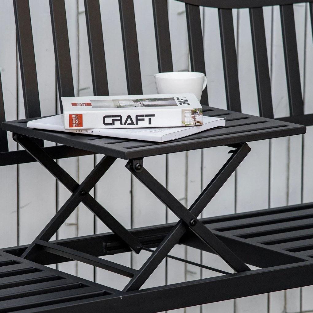 Bancă de Grădină Outsunny din Metal cu Măsuță Centrală Retractabilă, Bancă Loveseat pentru Terasă cu Șezut și Spătar cu Șipci, pentru 2–3 Persoane, Neagră | Aosom Romania