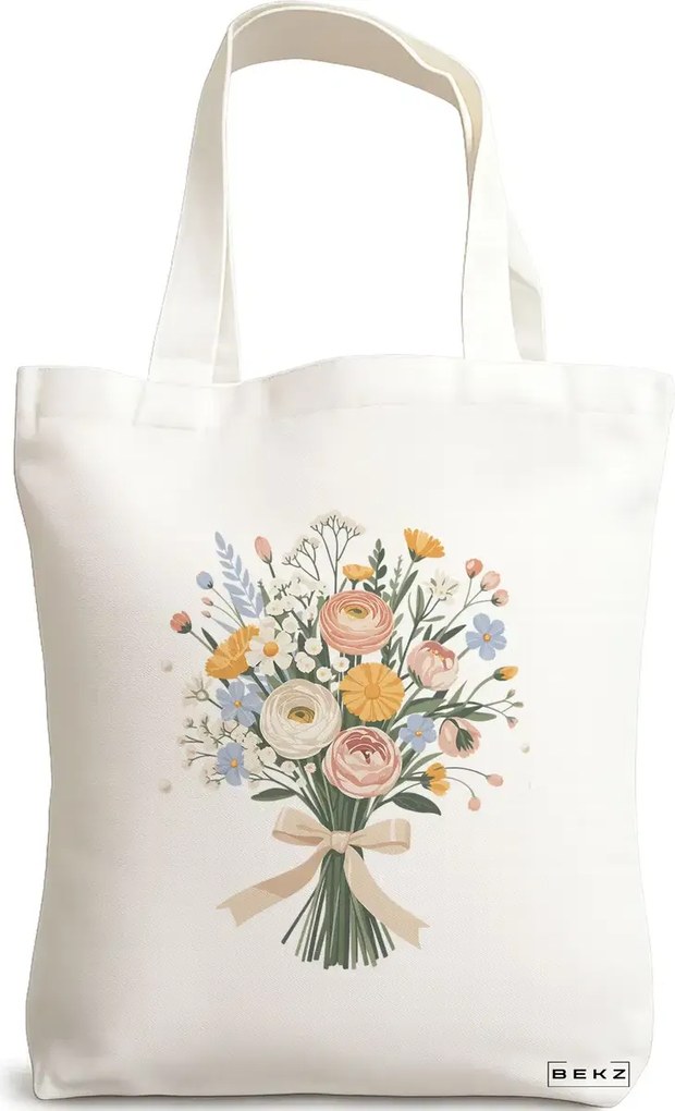 Sacosa de Panza pentru Cumparaturi, Geanta Tote, model Flowers 22 38 x 34.5 cm, Alba, BEKZ®