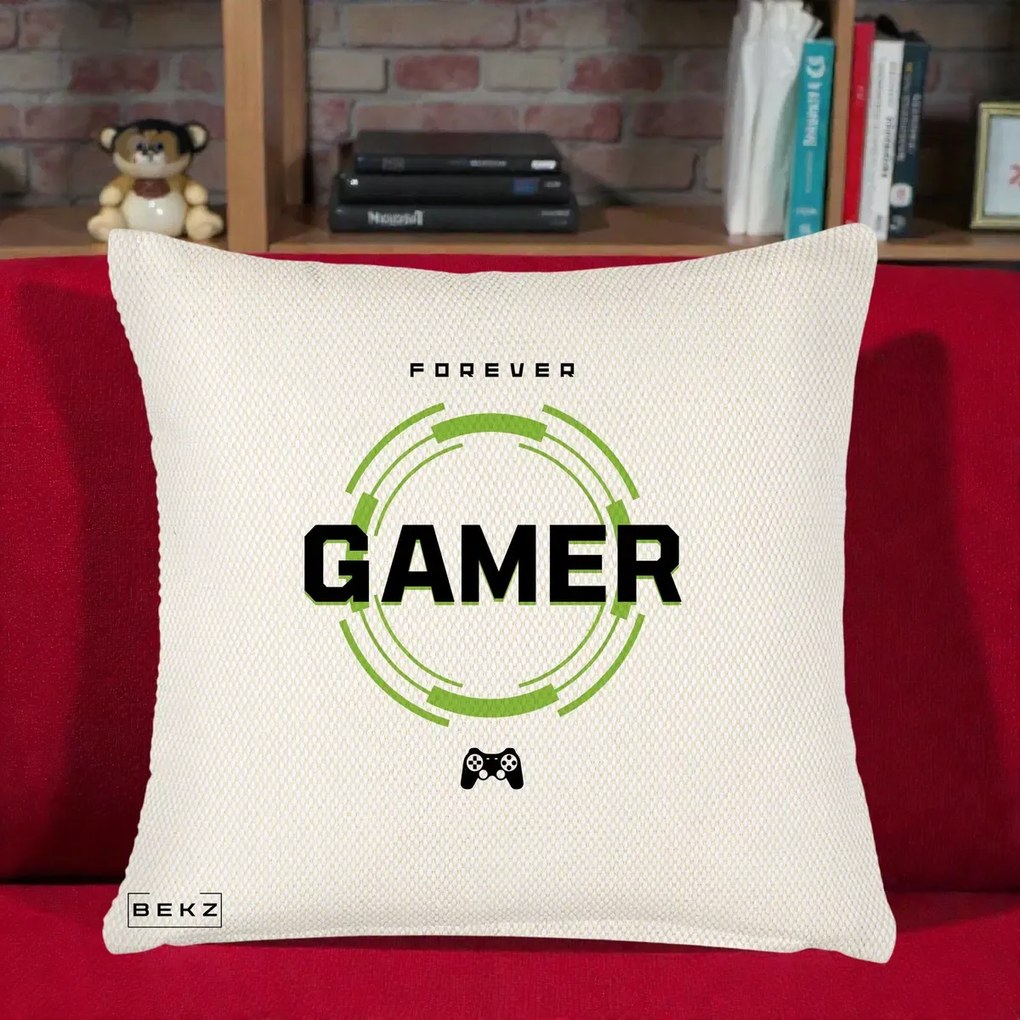 Perna Personalizata Forever Gamer, 40x40 cm, Crem Reliefat, Husa Detasabila, Perna Inclusa, BEKZ®