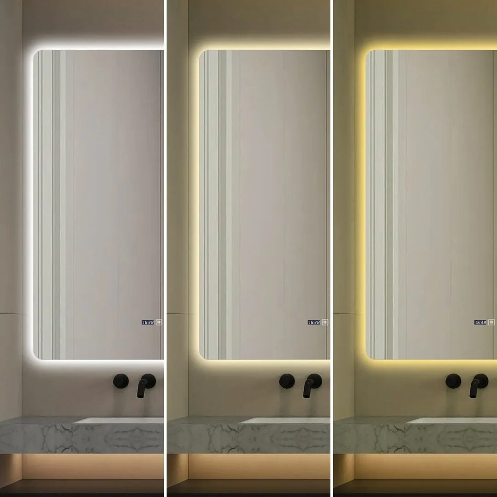 Oglindă Baie LED și Dezaburire Elit’s Premium: Senzor Touch, Lumina Rece, Caldă și Neutră, 80x100cm, Lumina Ambientală Spate