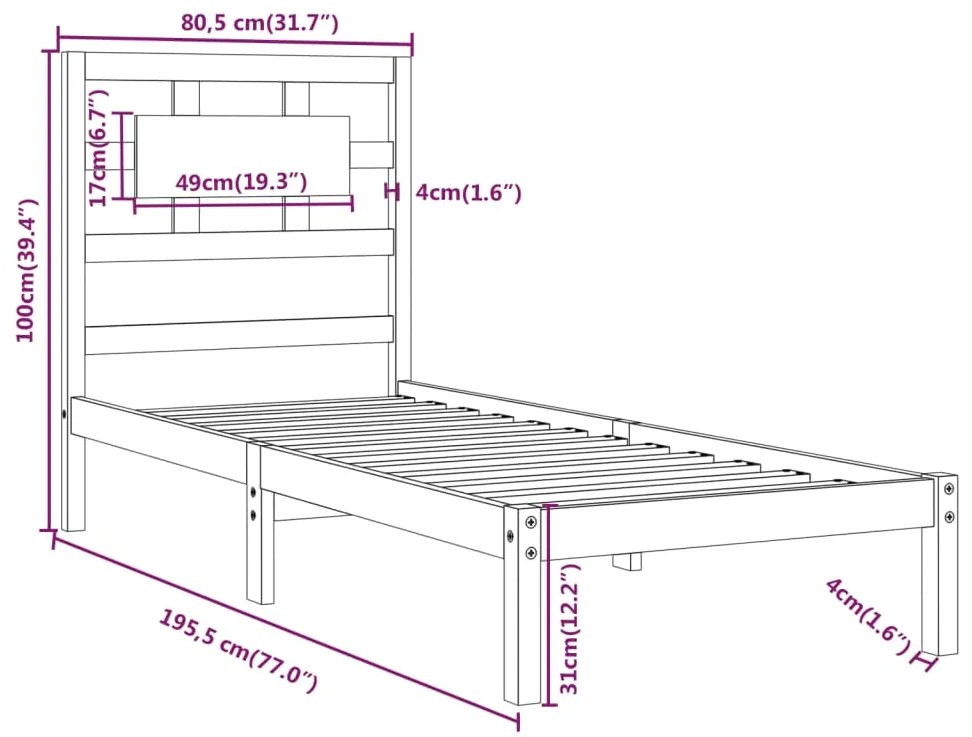 Cadru de pat Small Single 2FT6, negru, 75x190 cm, lemn masiv Negru, 75 x 190 cm