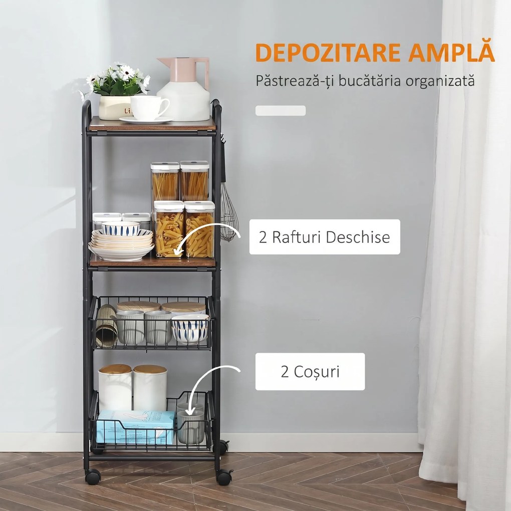 HOMCOM Cărucior Bucătărie cu 2 Coșuri Metalice Detașabile, Rafturi PAL, Cârlige Laterale, 40x38x111cm, Nuc | Aosom Romania