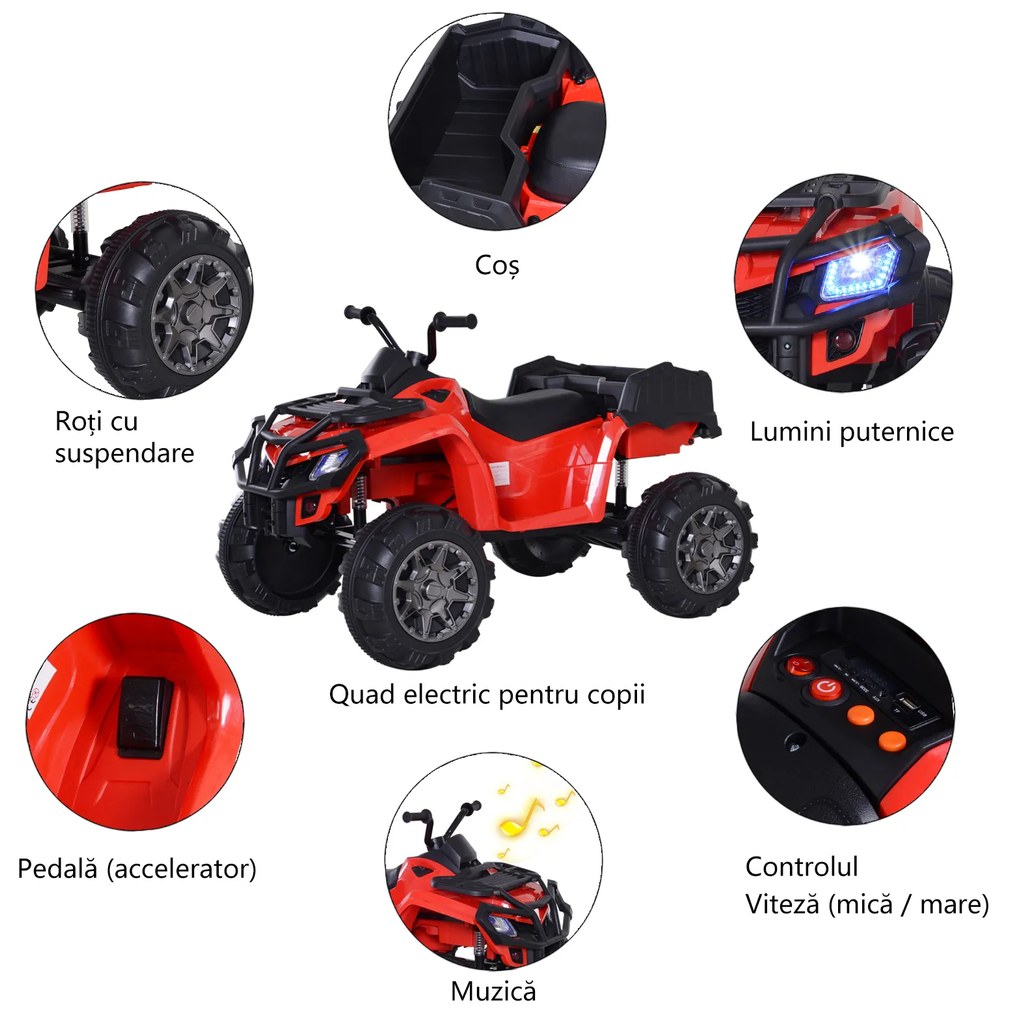 ATV copii HOMCOM, lumini si sunete, 118x80x80cm rosu | Aosom Romania