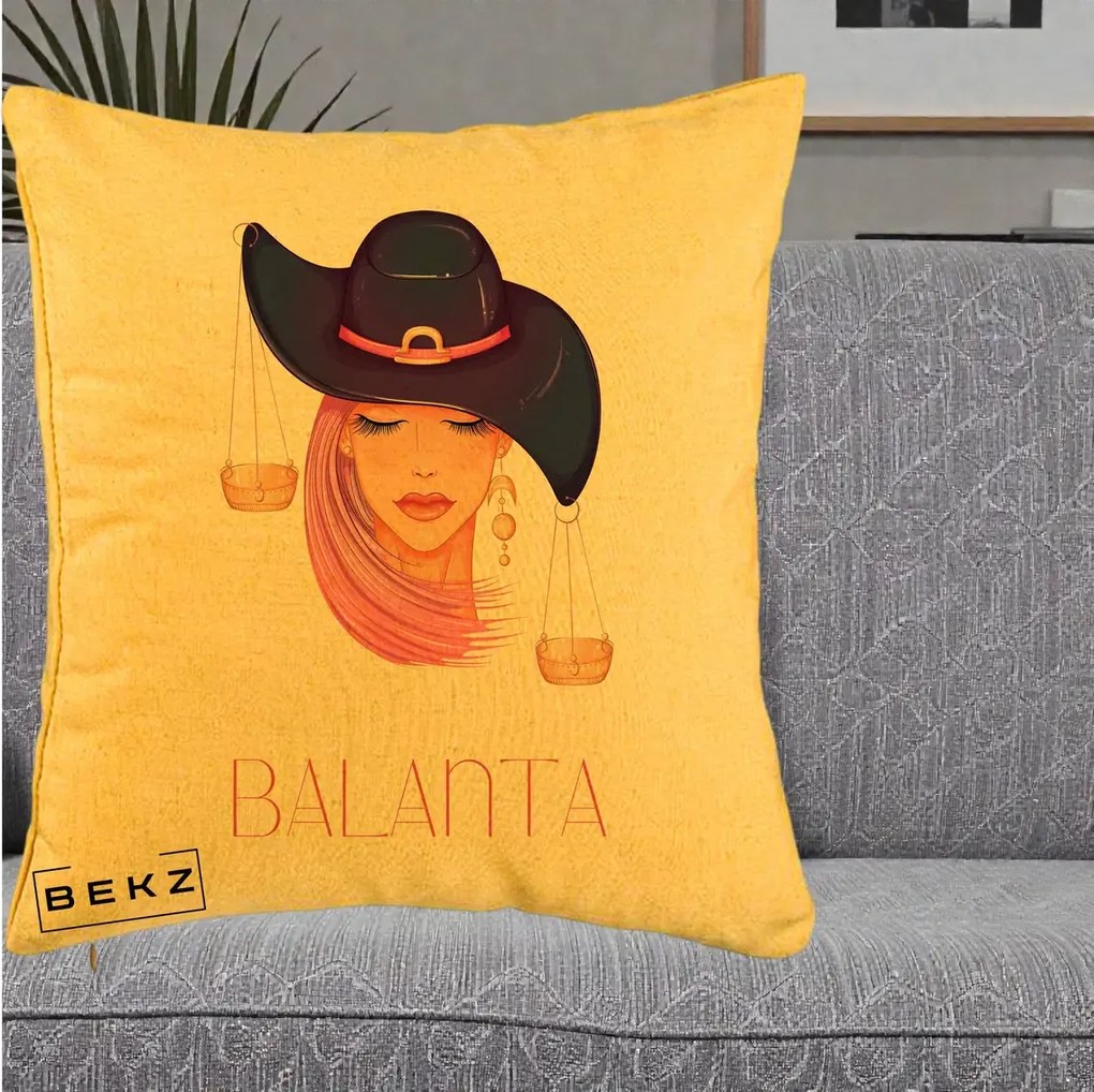 Perna Personalizata Zodiac Balanta Cowgirl, 40x40 cm, Galben, Husa Detasabila, Perna Inclusa, BEKZ®