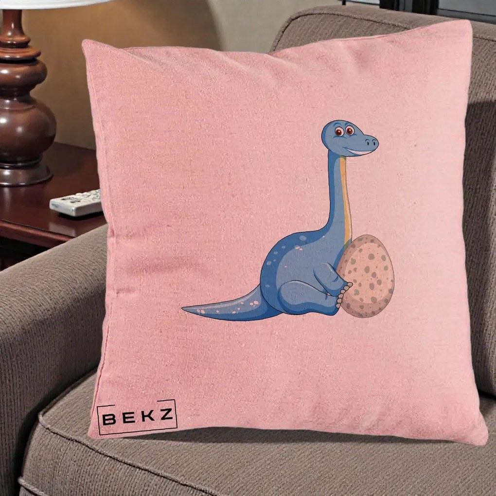 Perna Decorativa Brontosaur cu Ou, 40x40 cm, Roz, Husa Detasabila, Perna Inclusa, BEKZ®