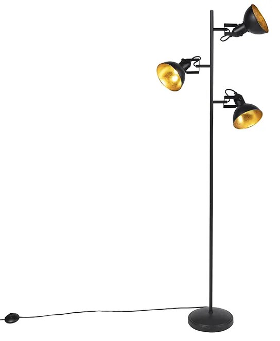 Lampă de podea industrială neagră cu auriu 3 lumini - Tommy