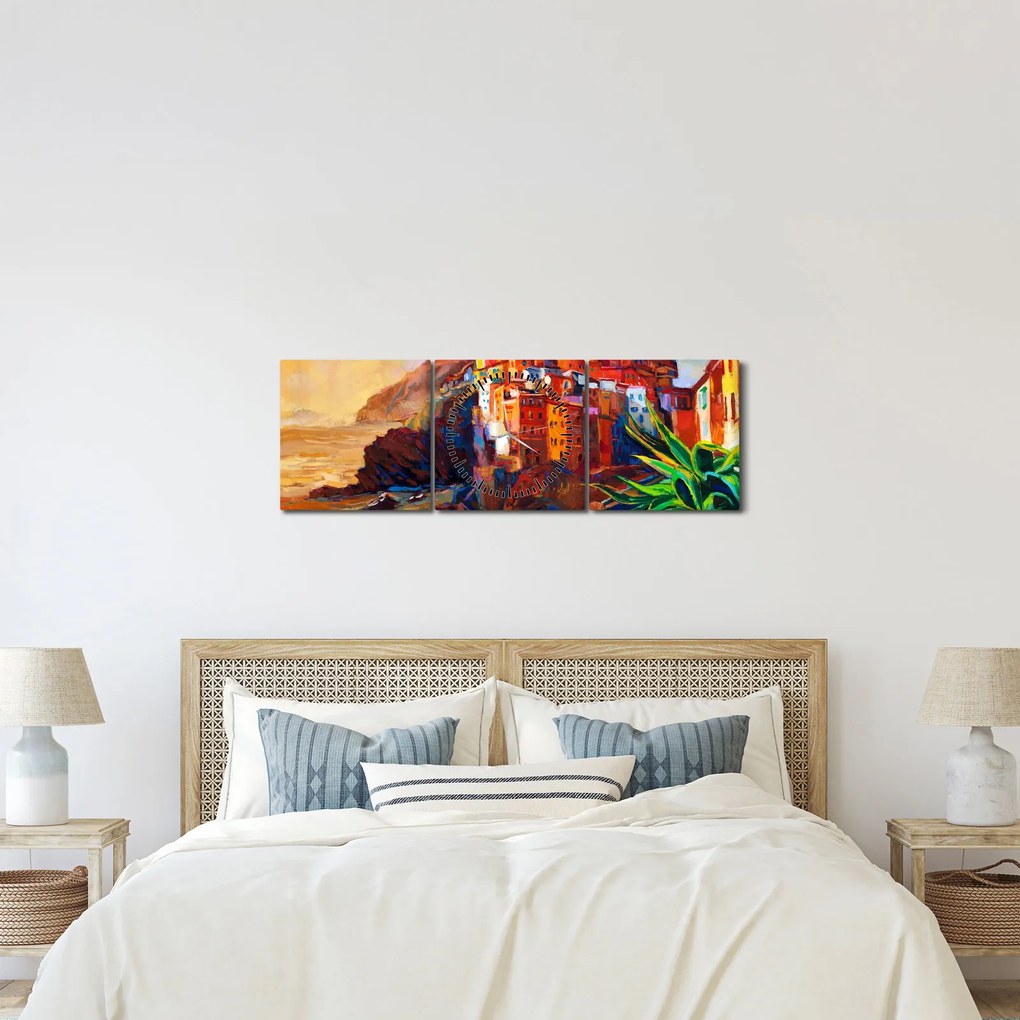 Tablou - Satul de coastă Cinque Terre, Riviera italiană, impresionismul modern (cu ceas) (90x30 cm)