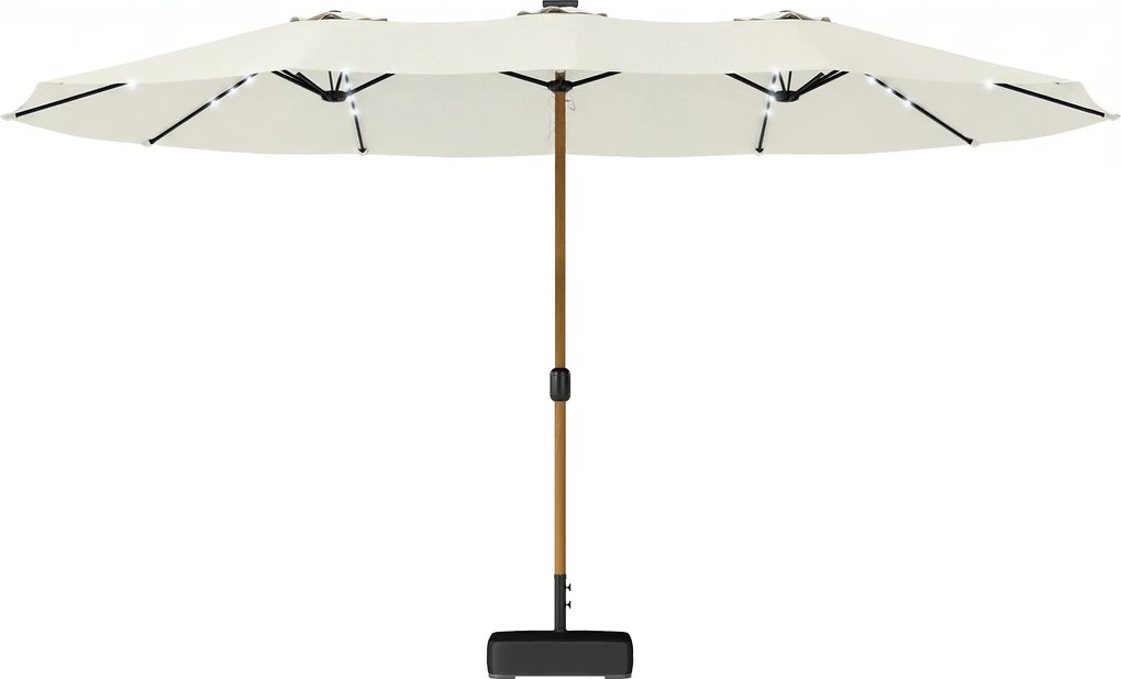 Outsunny Umbrelă dublă de grădină 4,6x2,6 m cu 48 LED-uri bază inclusă manivelă saci cu nisip anti-UV crem | Aosom Romania