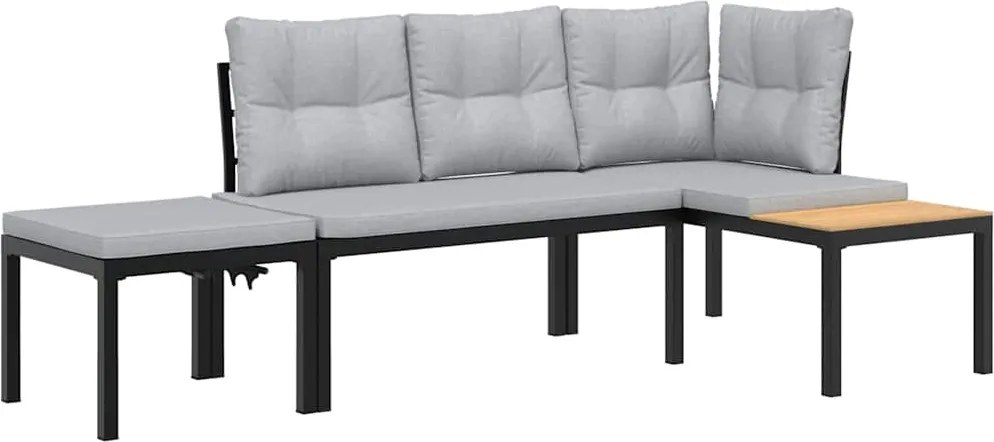 vidaXL Bănci grădină cu perne, 3 buc., negru oțel vopsit electrostatic