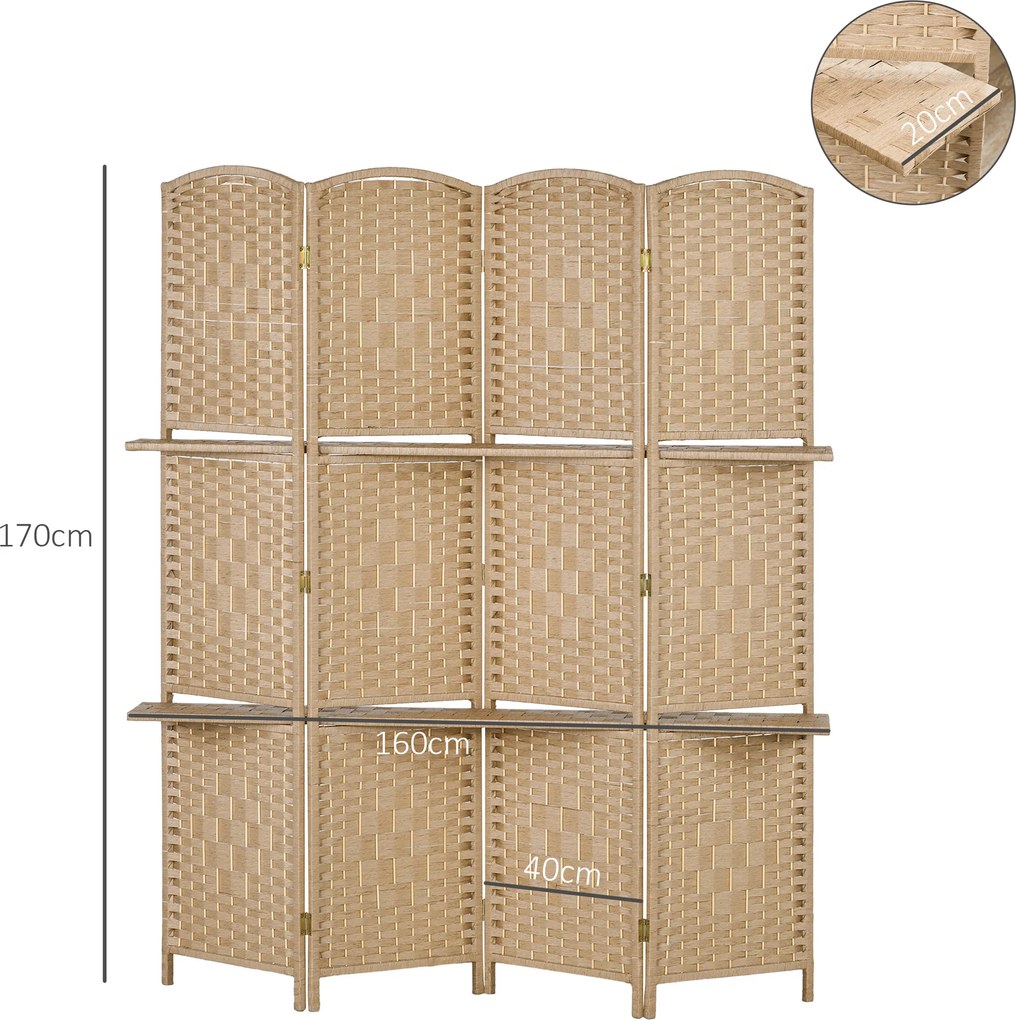 HOMCOM Paravan Interior Pliabil cu 4 Panouri și Rafturi, 160x1,6x170 cm, Natural | Aosom Romania