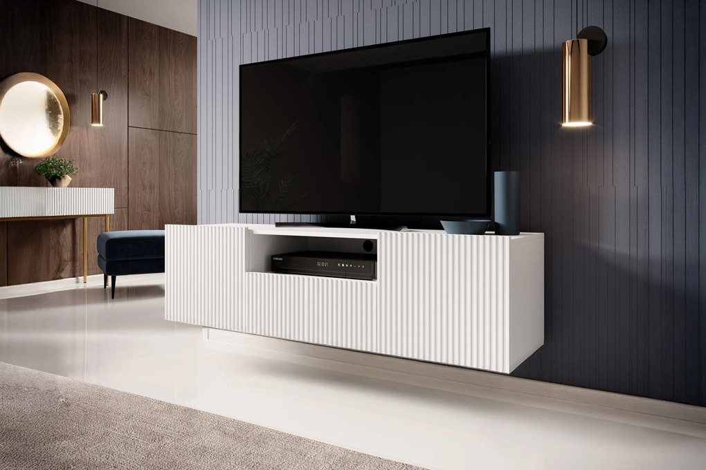 Comodă TV Nicole suspendată 150 cm cu nișă - alb / alb mat