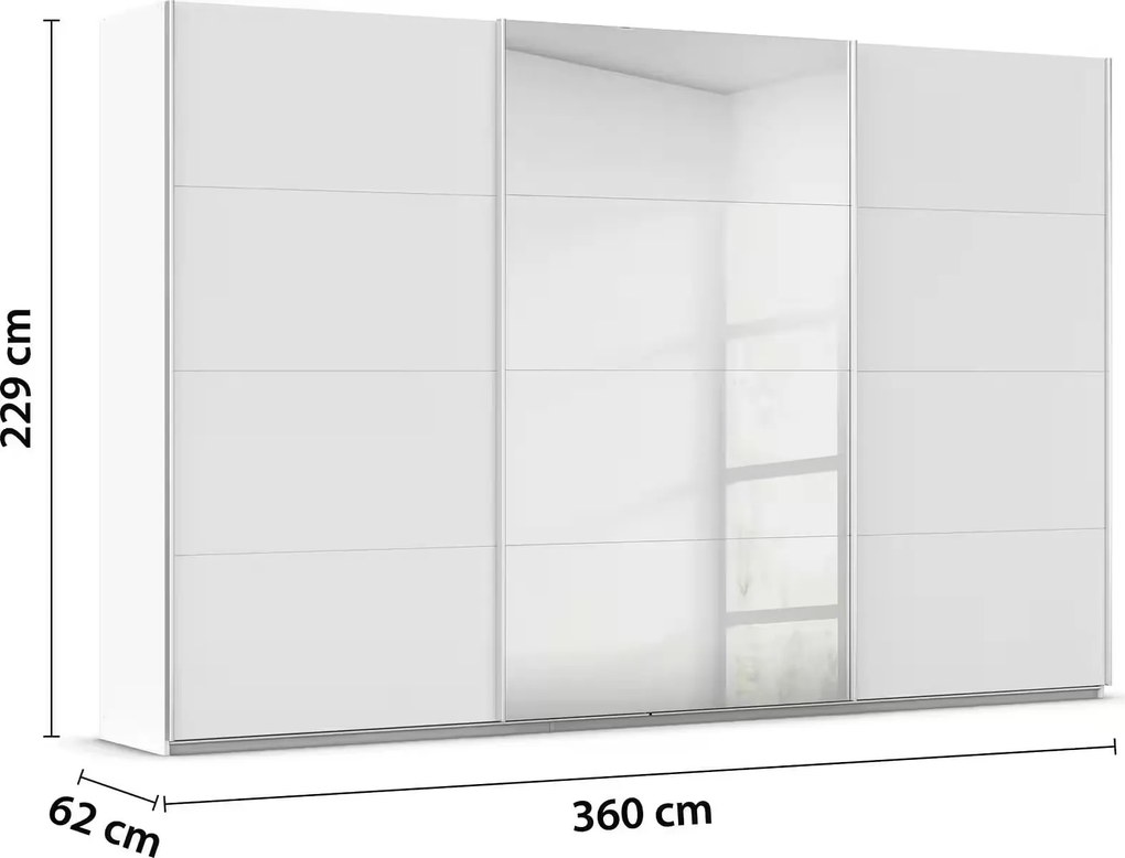 Dressing 360 cm lățime, 3 uși glisante, oglindă pe mijloc, culoare albă, material PAL, compartimentare premium, înălțime 229 cm