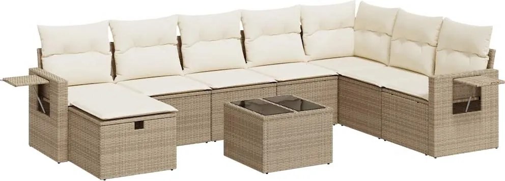 vidaXL Set canapele de grădină, 9 piese, cu perne, bej, poliratan