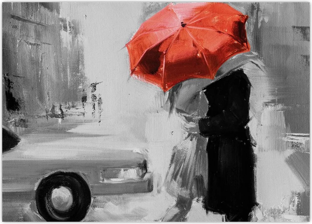 Tablou - Cuplu în dragoste sub o umbrelă, roșu (70x50 cm)