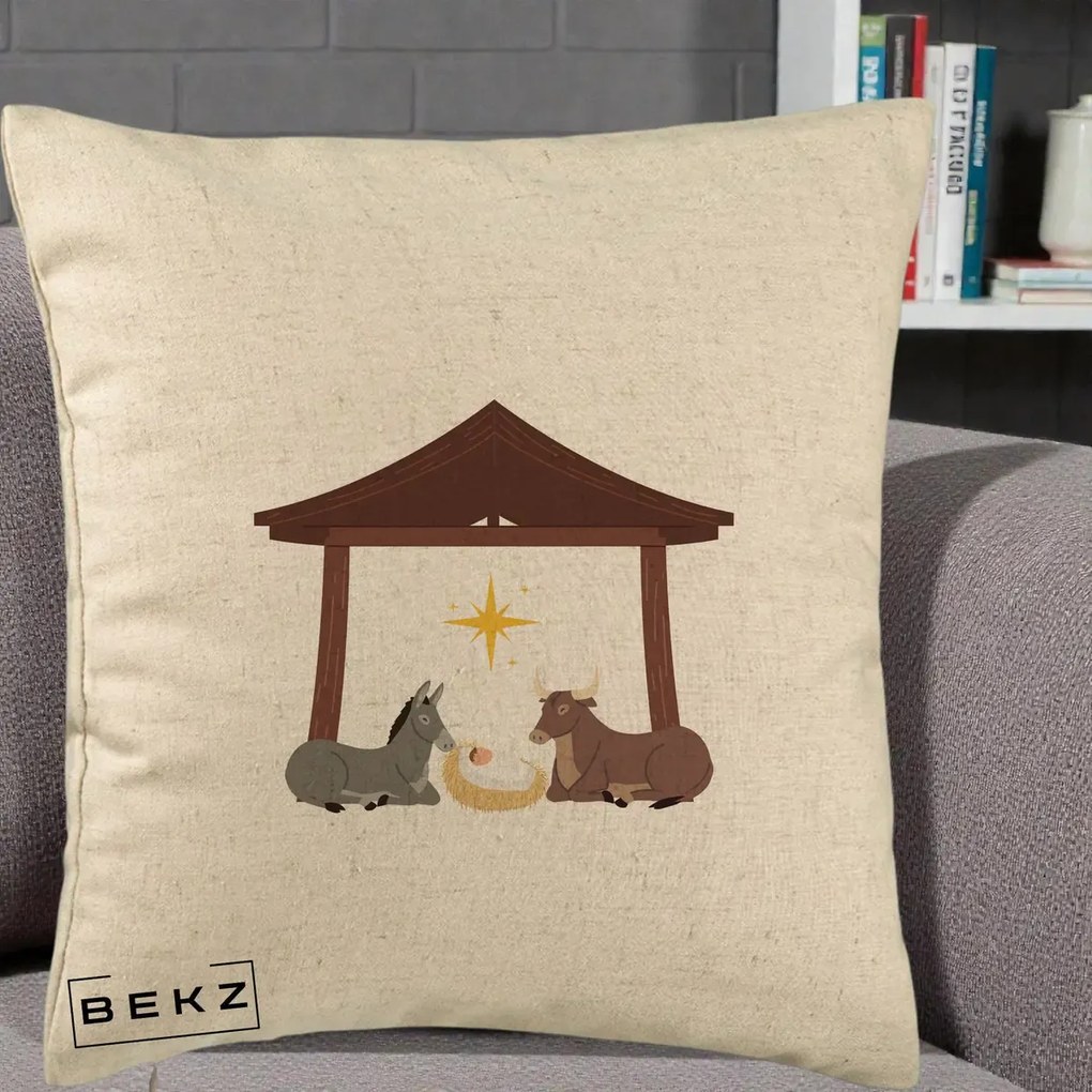 Perna Decorativa Ieslea din Betleem cu Iesle Asin si Bou, 40x40 cm, Bej, Husa Detasabila, Perna Inclusa, BEKZ®