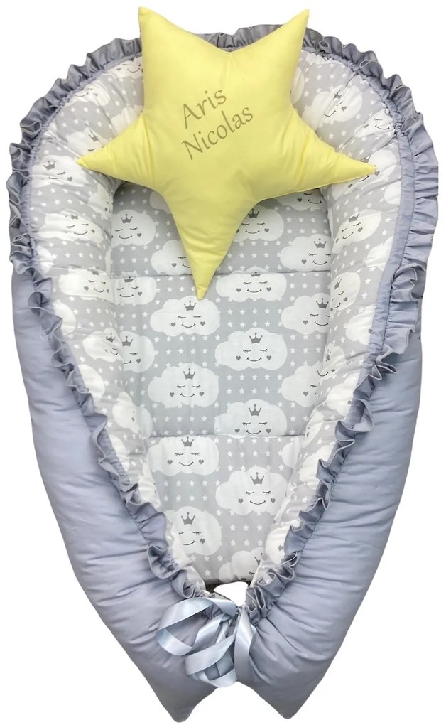 Cuib baby nest bebelusi cu desfacere și volanase Gri - nori zambareti gri