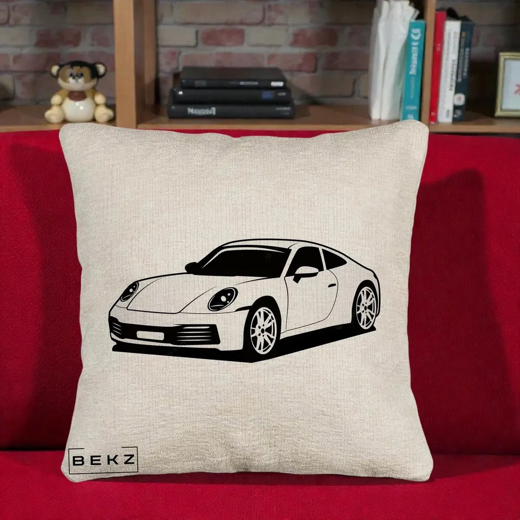 Perna Personalizata Porsche 911 Silueta, 40x40 cm, Bej Canapea, Husa Detasabila, Perna Inclusa, BEKZ®