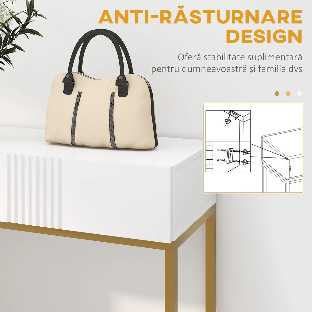 HOMCOM Masă Consolă cu 2 Sertare, Masă Modernă de Intrare cu Bază din Oțel în Ton Auriu, 80x31.5x75 cm, Alb | Aosom Romania