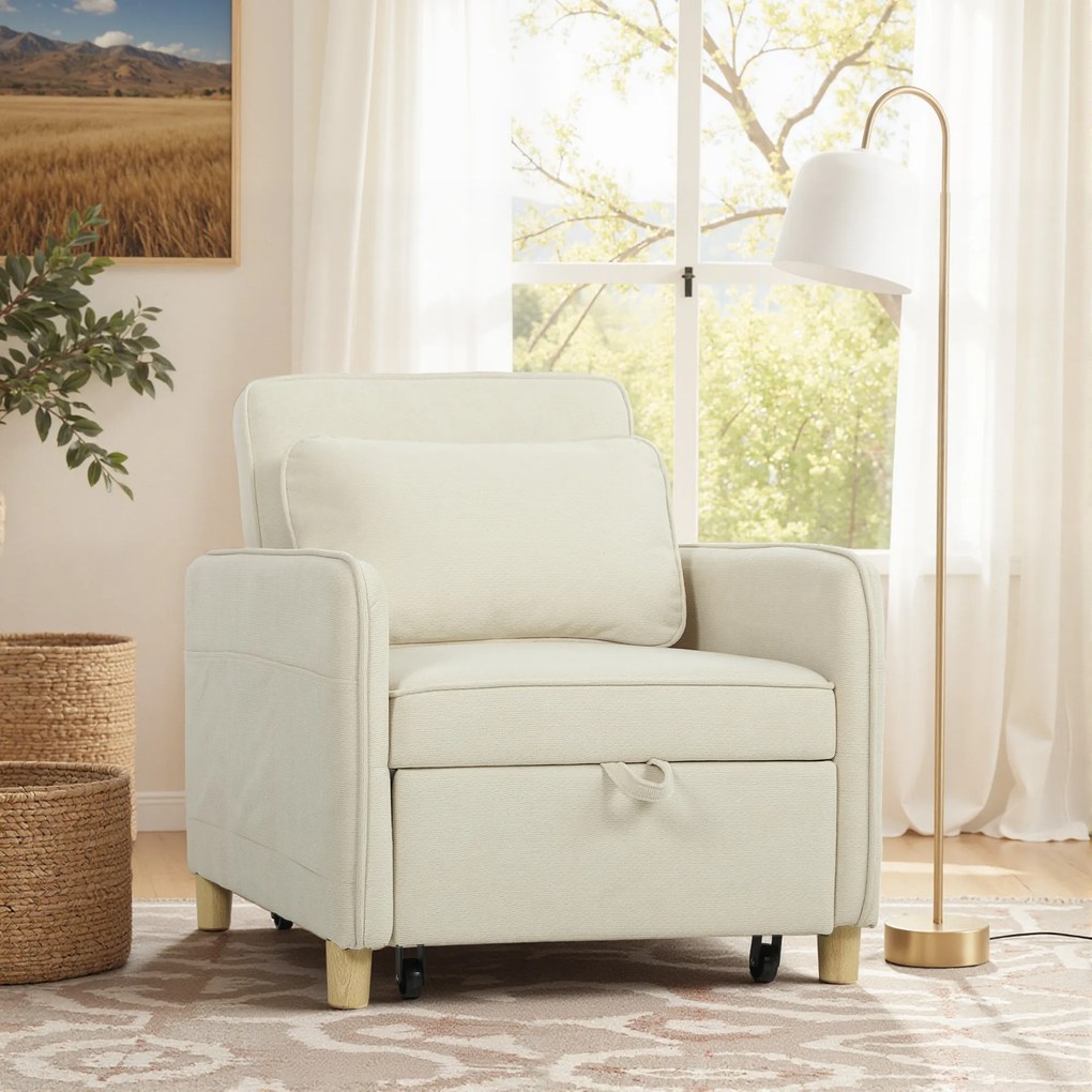 HOMCOM Fotoliu extensibil 3 în 1 fotoliu transformabil cu funcție de pat, șezut lat pentru living, Bej | Aosom Romania