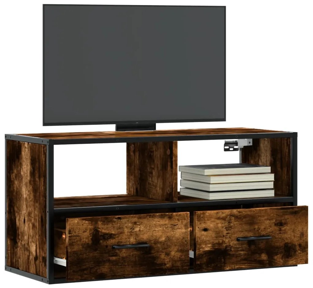 vidaXL Dulap TV stejar fumuriu, 80x31x39,5 cm, lemn prelucrat și metal