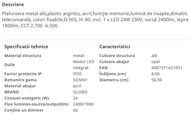 Plafoniera LED moderna cu telecomanda SONNY 24W