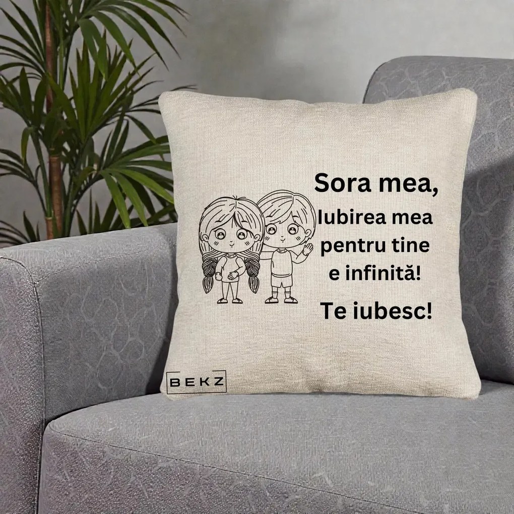 Cadou pentru Sora - Perna Personalizata Sora Mea Te Iubesc Copii Anime Line Art, 40x40 cm, Bej Canapea, Husa Detasabila, Perna Inclusa, BEKZ®