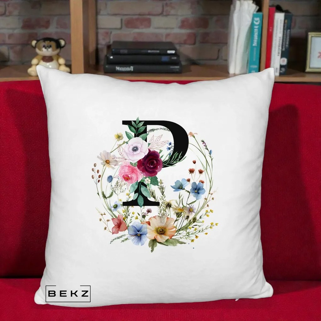 Cadou Personalizat - Perna Personalizata Monogram Litera P cu Flori Acuarela, 40x40 cm, Alb Pufos, Husa Detasabila, Perna Inclusa, BEKZ®