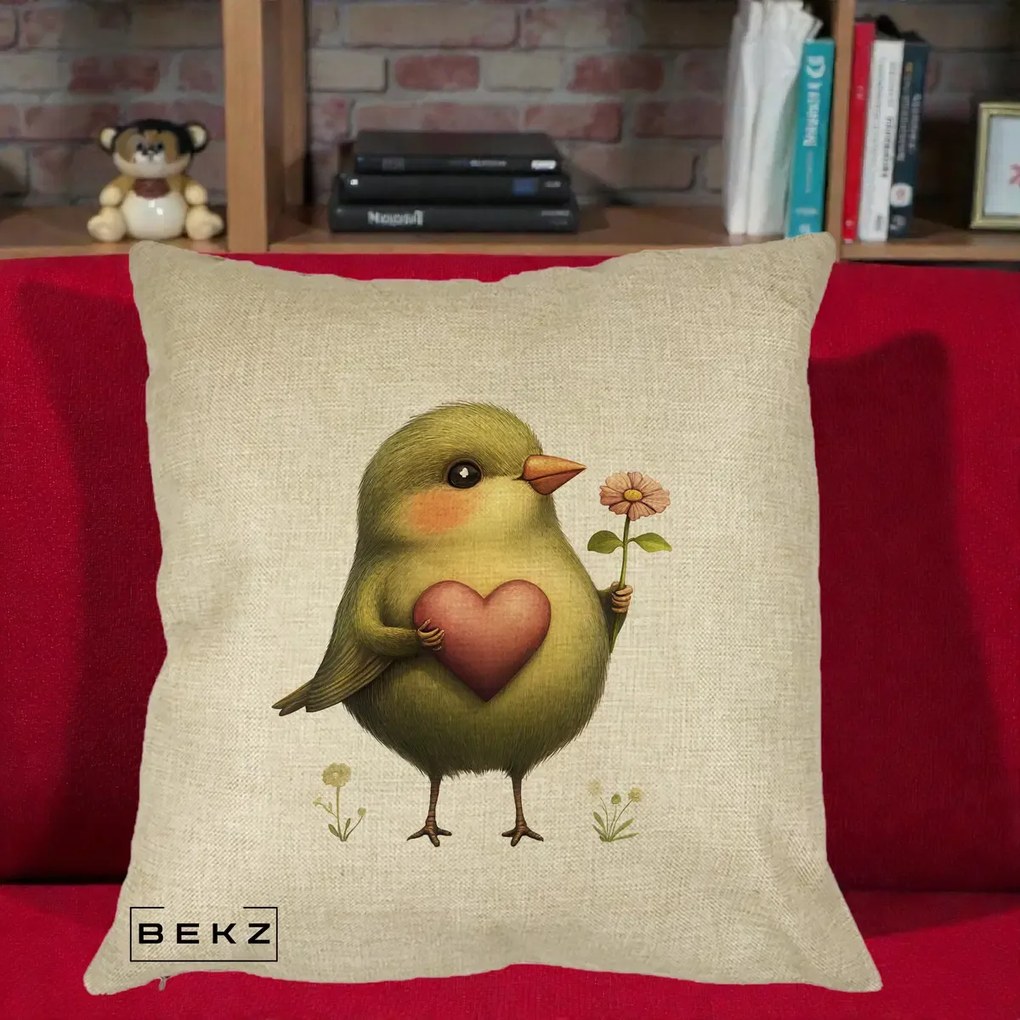 Perna Decorativa Pasare Verde cu Inima si Floare, 40x40 cm, Crem, Husa Detasabila, Perna Inclusa, BEKZ®