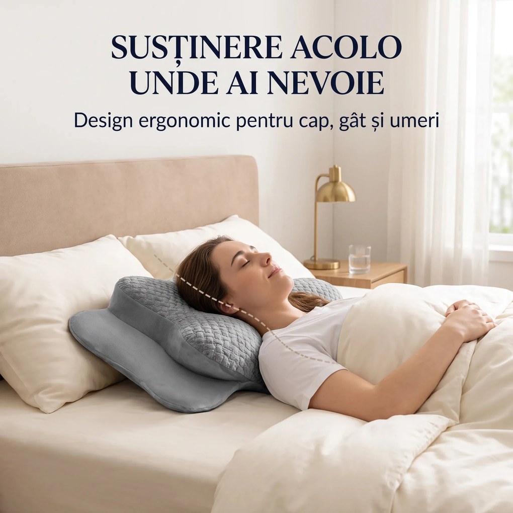 Perna cervicala ortopedica memory foam, husa Tencel, Gri