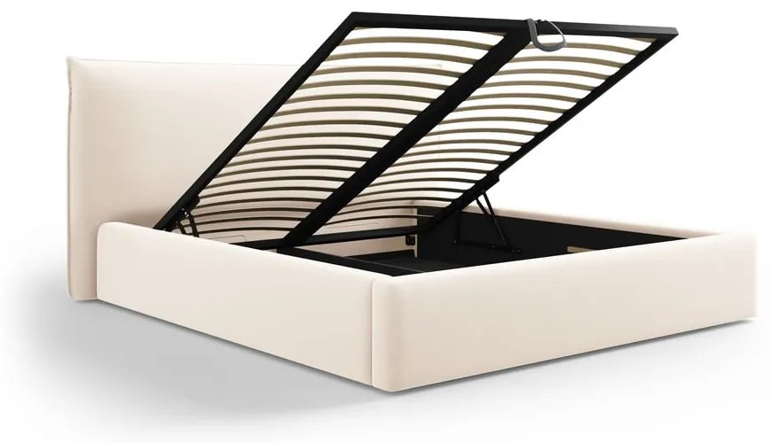 Pat matrimonial crem tapițat cu spațiu de depozitare cu somieră 140x200 cm Elio – Milo Casa