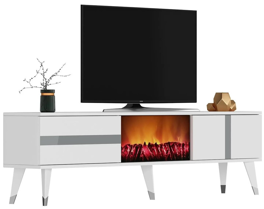 Masă TV/Dulap cu șemineu Vekika 3 (alb + argintiu) . 1095530