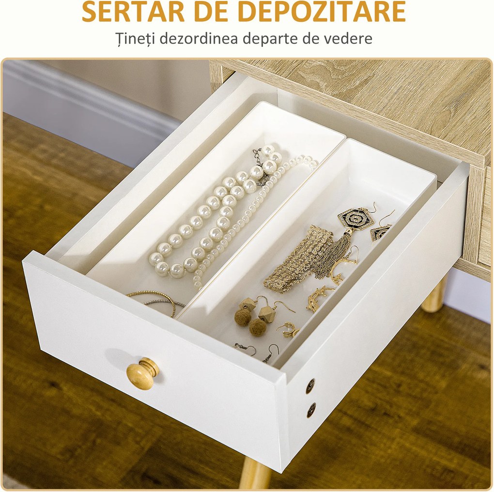 Masa de toaleta cu oglinda glisanta scaun tapitat 2 sertare 5 compartimente de depozitare pentru casa 100x45x118cm Lemn HOMCOM | Aosom RO