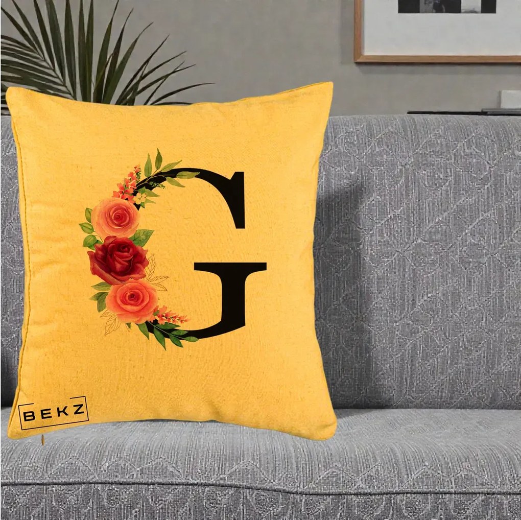 Cadou Personalizat - Perna Personalizata Monograma Florala Litera G, 40x40 cm, Galben, Husa Detasabila, Perna Inclusa, BEKZ®