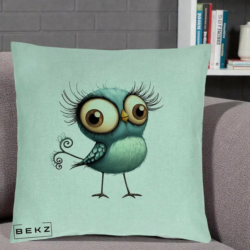 Perna Decorativa Pasare Teal cu Gene si Coada Spiralata, 40x40 cm, Verde Menta, Husa Detasabila, Perna Inclusa, BEKZ®
