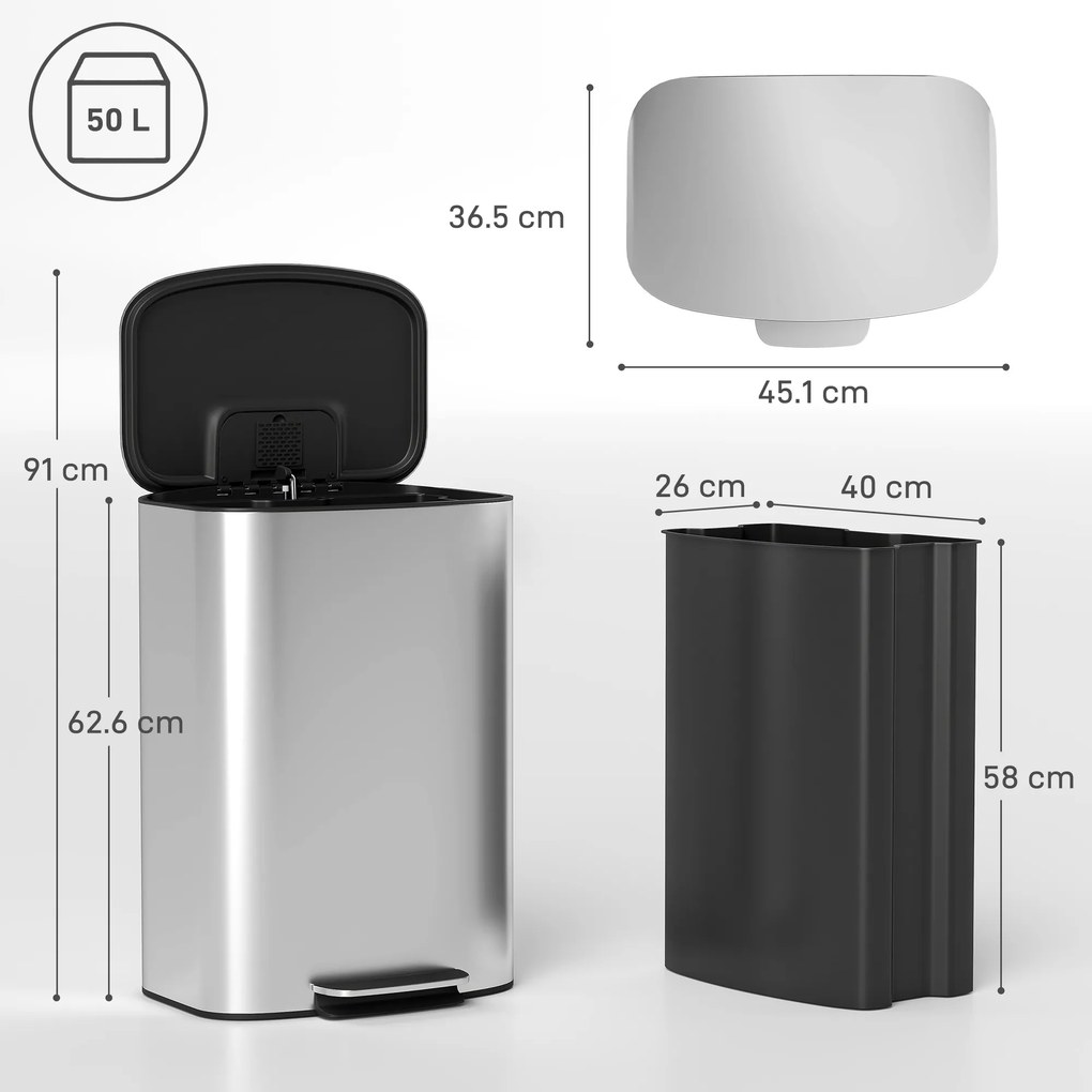 HOMCOM Coș de Gunoi cu Pedală de 50L cu Capac Amortizat, Deschidere la 90° și Găleată Detașabilă, Oțel Inoxidabil, Gri | Aosom Romania