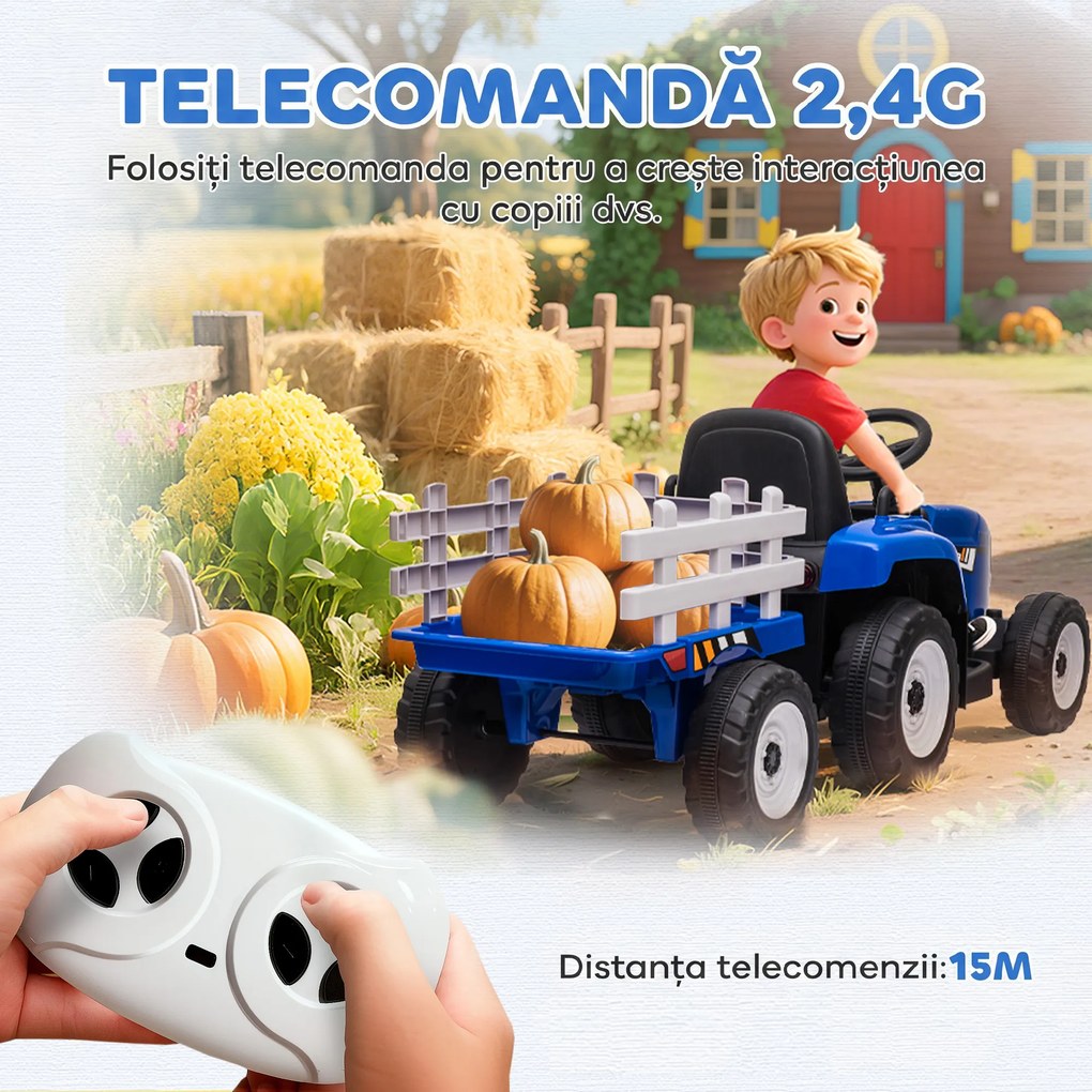 HOMCOM Tractor Electric pentru Copii cu Remorcă Detașabilă, Telecomandă, Port USB, Muzică și Lumini, 3-6 Ani, Albastru | Aosom Romania