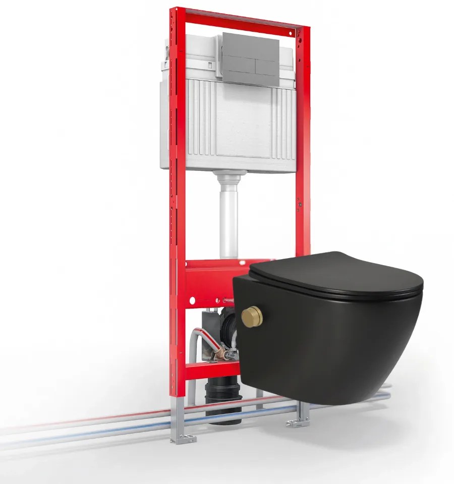Vas wc suspendat cu functie bideu, negru mat, apa calda rece, rimless, baterie inclusa auriu mat Foglia Oslo Baterie auriu mat