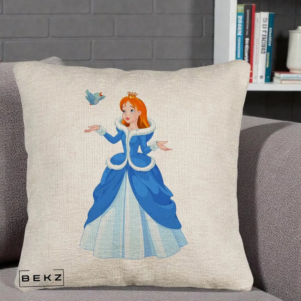 Perna Personalizata Printesa Albastra cu Pasare, 40x40 cm, Bej Canapea, Husa Detasabila, Perna Inclusa, BEKZ®