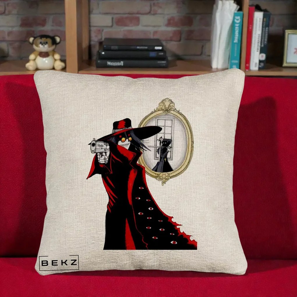 Perna Personalizata Hellsing Alucard cu Pistoale, 40x40 cm, Bej Canapea, Husa Detasabila, Perna Inclusa, BEKZ®
