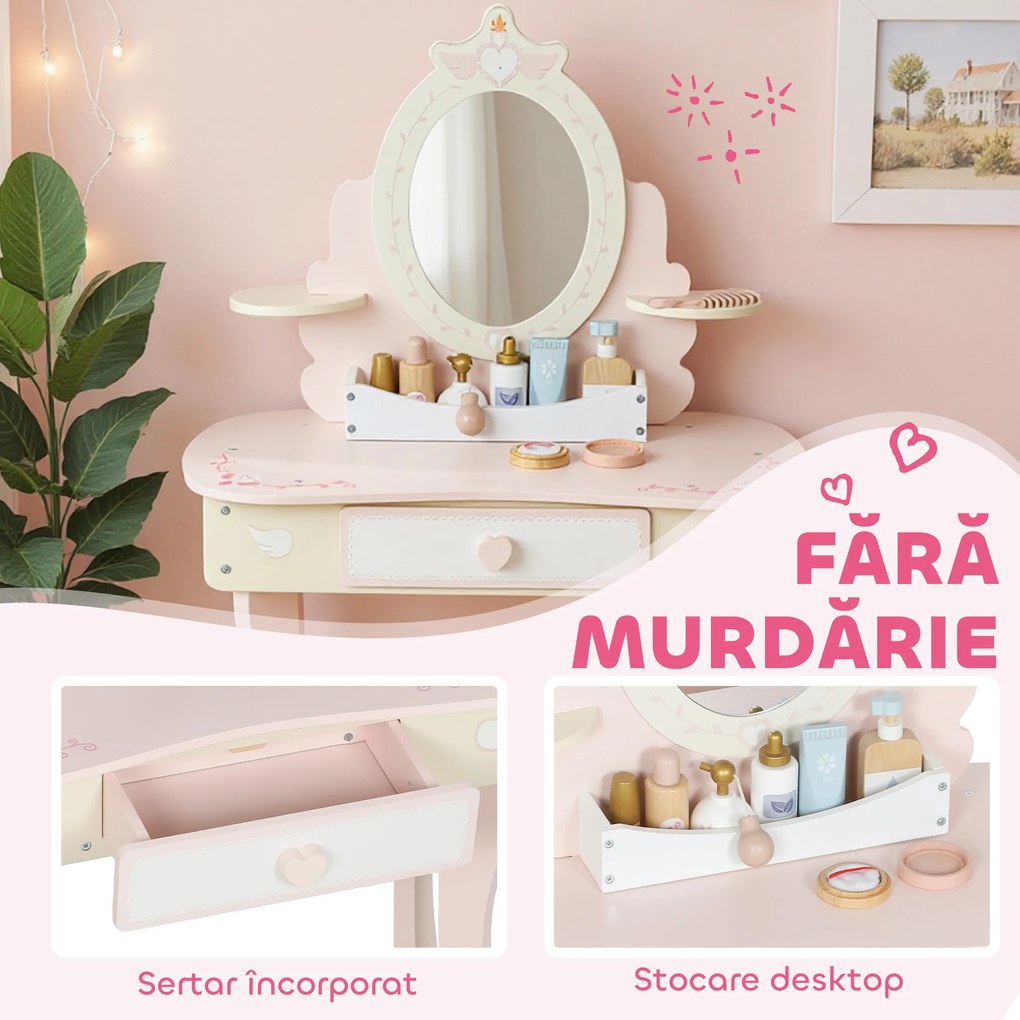 AIYAPLAY Set Masă de Toaletă pentru Copii cu Oglindă și Scaunel, 7 Accesorii de Joc, Sertar, Depozitare pe Birou, Roz | Aosom Romania