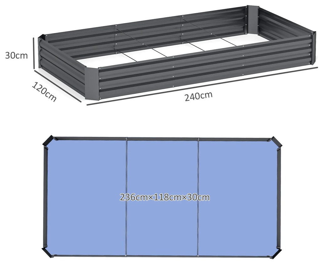 Outsunny Strat de Grădină Înălțat Galvanizat cu Partea Inferioară Deschisă, 240x120x30 cm, Gri | Aosom Romania