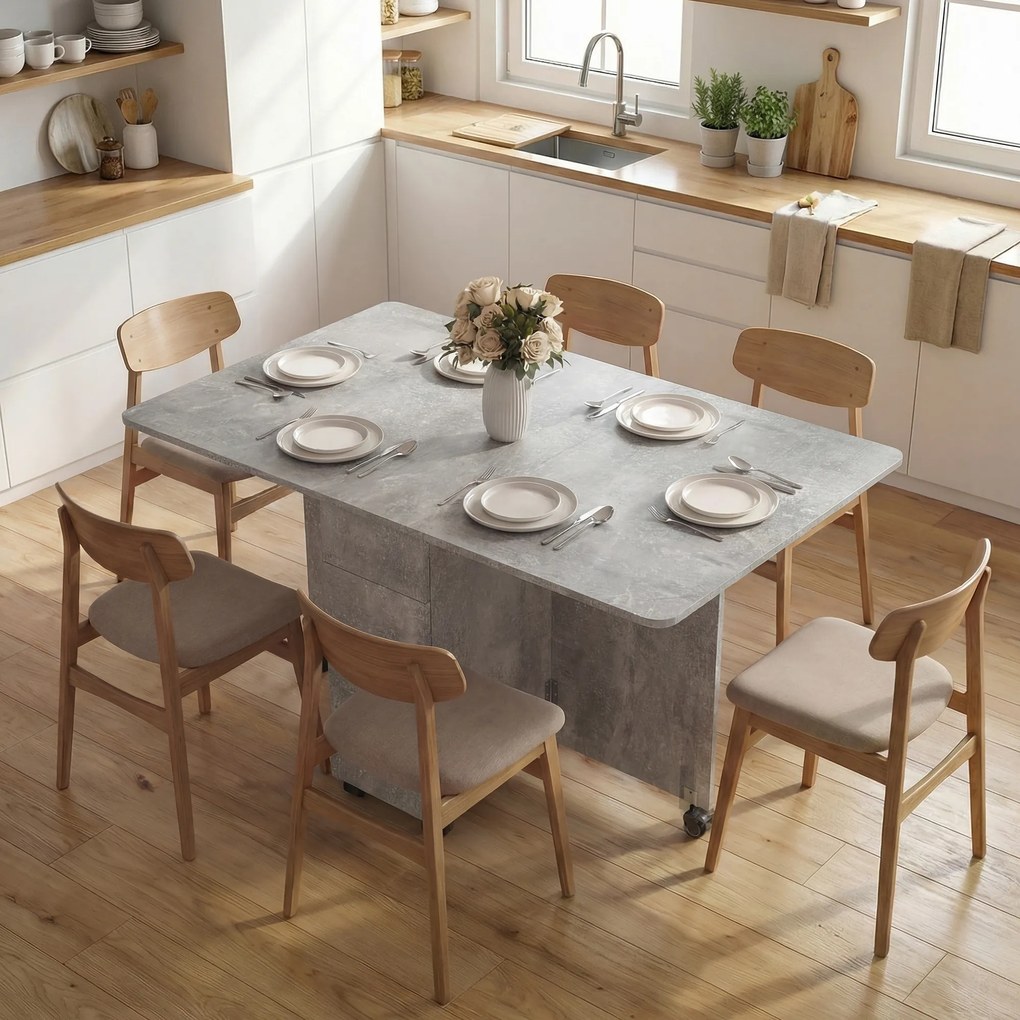 HOMCOM Masă de Luat Masa Pliabilă, Masă de Bucătărie cu Blaturi Rabatabile și Roți cu Frâne pentru 6 Persoane, Birou Compact cu 2 Sertare, 2 Uși și Dulap, pentru Living, 140x76x74î cm, Gri Ciment | Aosom Romania